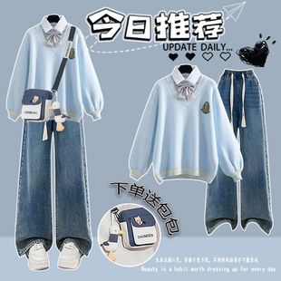 初中生少女假两件POLO领毛衣2025秋冬新款高中生学院风针织打底衫