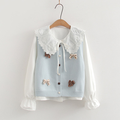 2026春季套装女学院风甜美蝴蝶结针织衫马甲+娃娃领衬衫两件套装