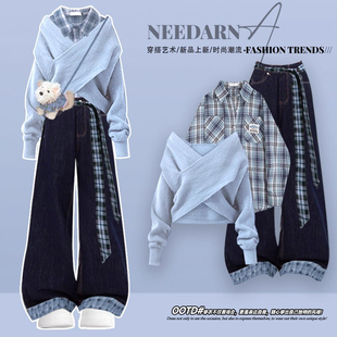 牛仔裤 套装 穿搭针织毛衣女高级感小香风千金冬装 韩系一整套深冬季