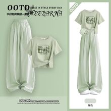 多巴胺学生绿色短袖套装女2025超火巨好看的夏装一整套韩系休闲裤
