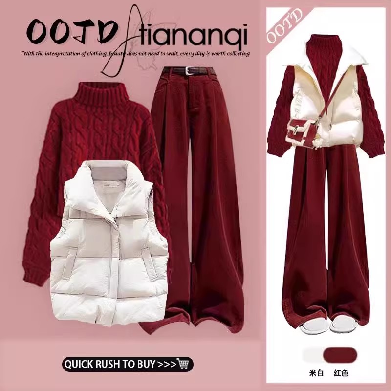 秋季新款时尚百搭减龄马甲叠穿针织毛衣搭配高腰显瘦阔腿裤三件套