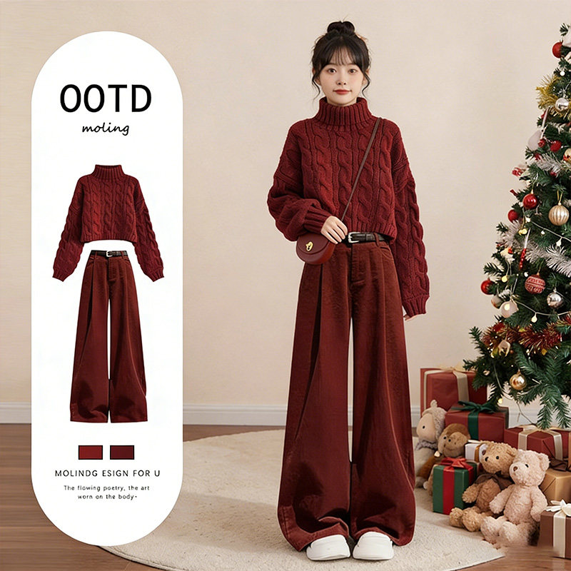 新年套装2025冬季套装女氛围感红色高领毛衣加绒款阔腿裤两件套,女装/女士精品,时尚套装,淘宝优惠券,粉丝福利购,淘宝优惠卷