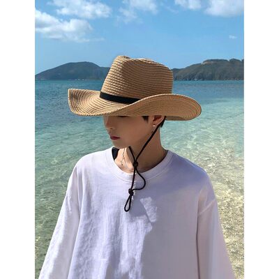 草帽男夏季遮脸沙滩帽男防晒凉帽
