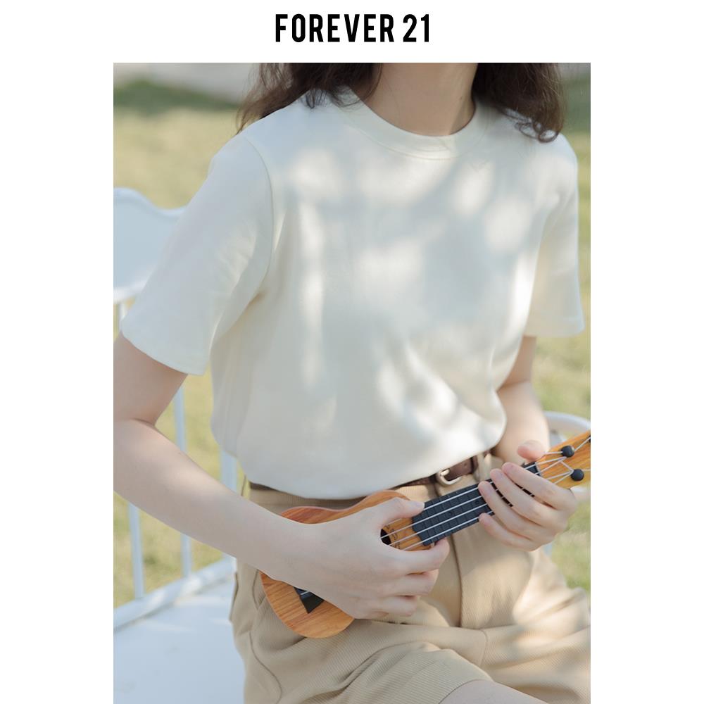 Forever21奶油杏短袖T恤女2024春季纯棉百搭圆领正肩打底法式上衣