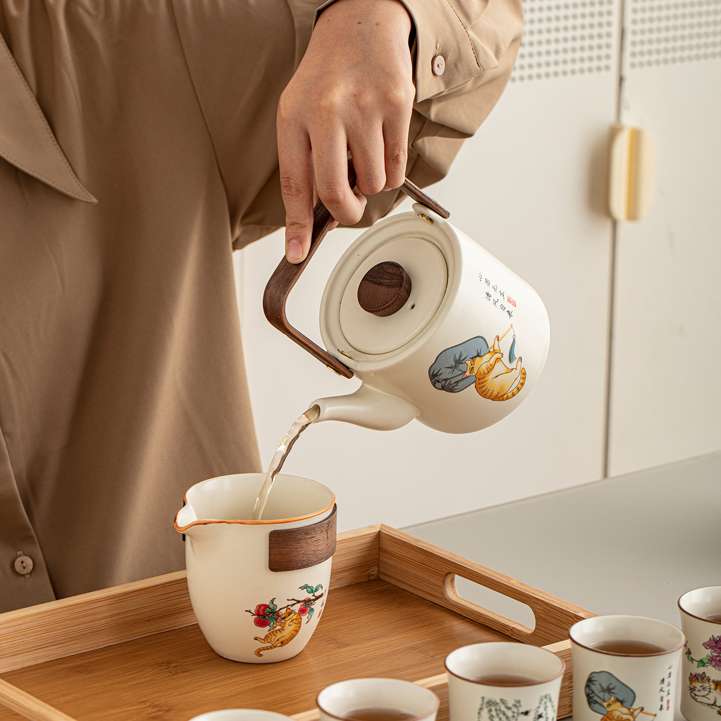 高颜值米黄猫咪提梁壶中式功夫茶具高档家用办公会客泡茶茶器