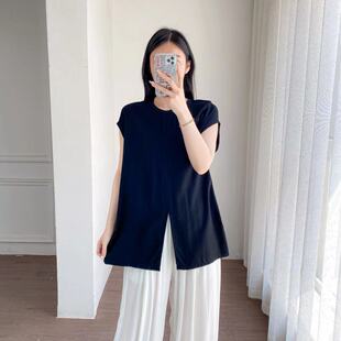 夏季女款棉绸人造棉休闲风短袖T恤宽松显瘦开叉上衣上衣