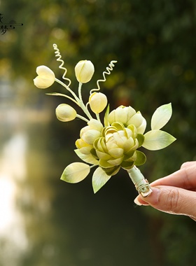 繁花入梦纯手工非遗绒花发夹绿色洋牡丹发簪新中式古风汉服配发饰