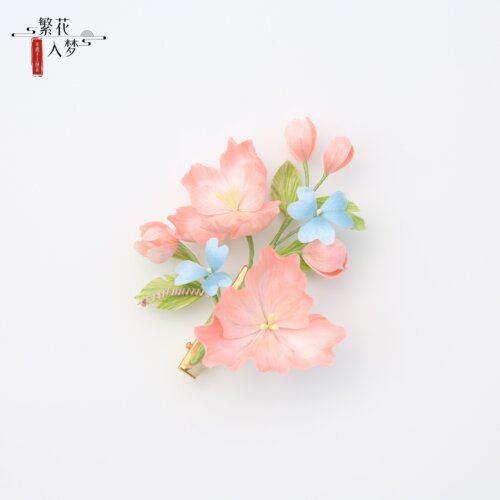 手工非遗绒花发夹粉色海棠花边夹