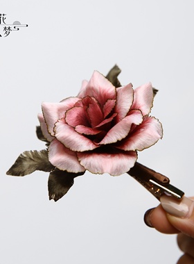 繁花入梦丨纯手工非遗绒花发夹粉色烧边玫瑰花边夹新中式汉服发饰