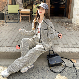韩版盐系条纹运动套装女2025春秋新款显瘦卫衣外套直筒裤两件套装图片