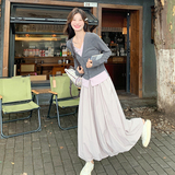【大货】甜辣撞色针织衫上衣花苞裙俩件套6061-P130控188，女装套装/套裙，依依服饰