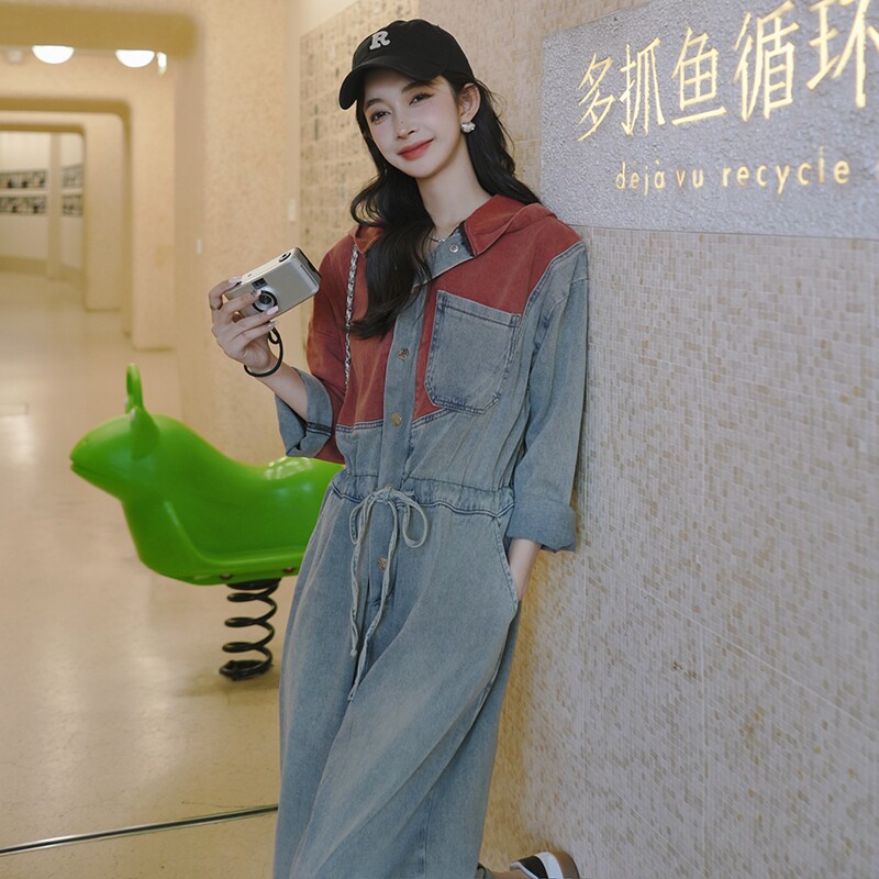长袖牛仔连体裤女春秋季2025新款小个子设计感宽松休闲阔腿连衣裤,女装牛仔裤,依依服饰