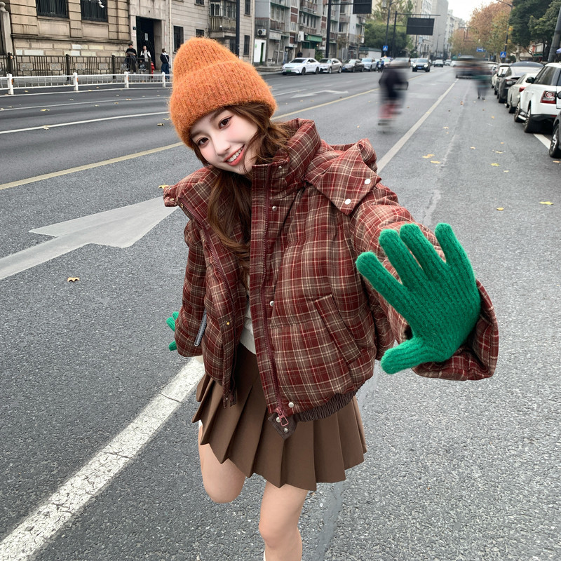 【现货】英伦风格子撞色连帽羽绒服M226-P305控438，女装羽绒服，依依服饰