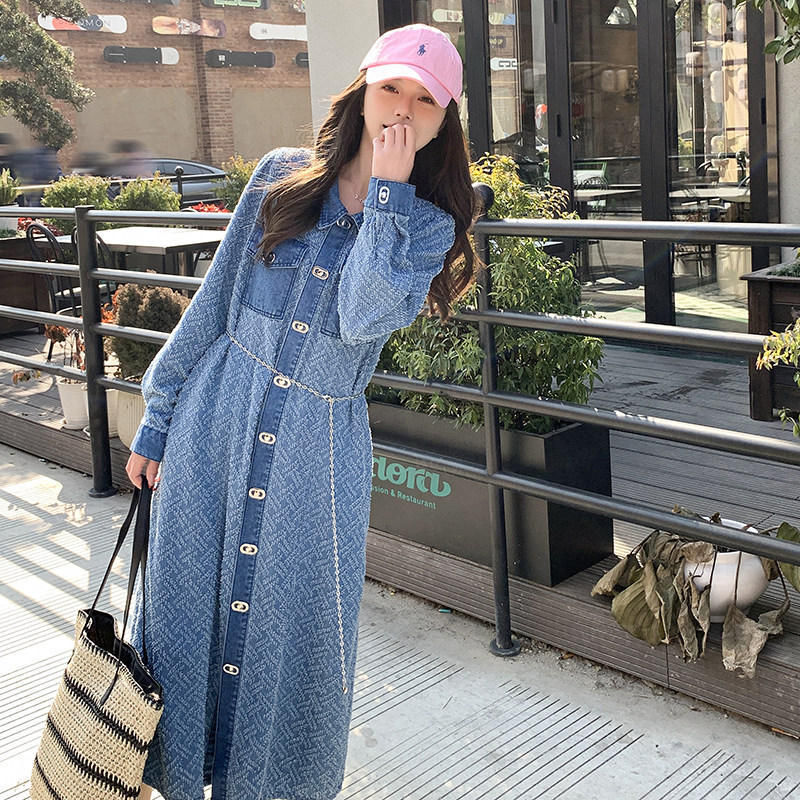 盐系韩版复古牛仔连衣裙女2025春秋新款高级感气质收腰显瘦A字裙,女装连衣裙,依依服饰