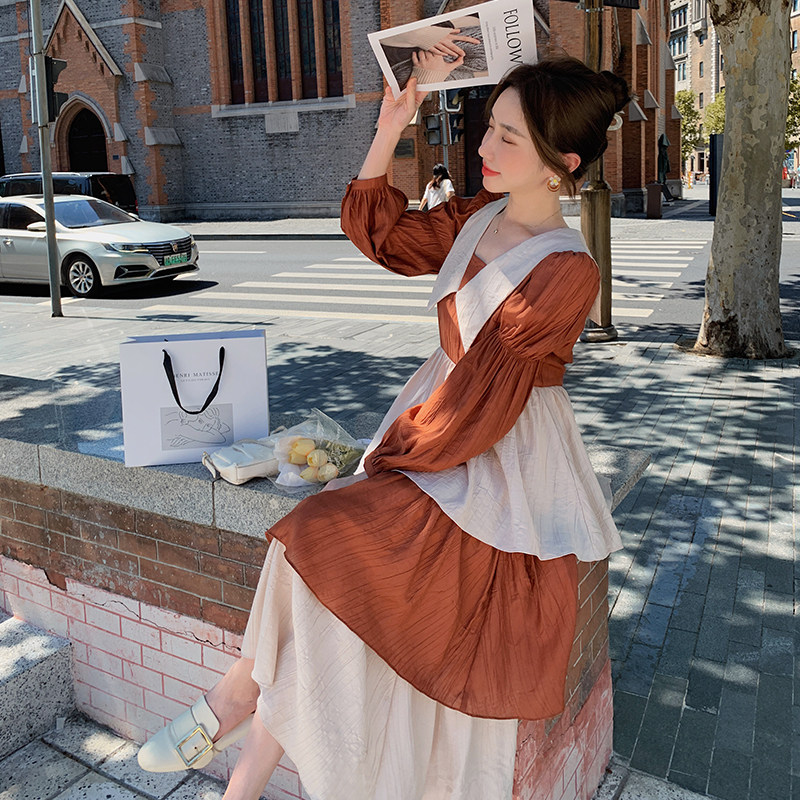 法式气质撞色娃娃领蛋糕连衣裙女春秋2025新款温柔绝美泡泡袖长裙,女装连衣裙,依依服饰