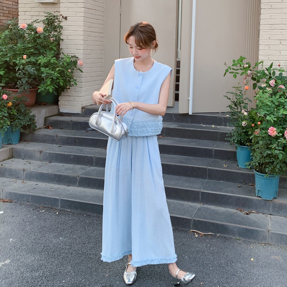【新现货】盐系木耳边马甲阔腿裤两件套套装8032-P155控228,女装套装/套裙,依依服饰