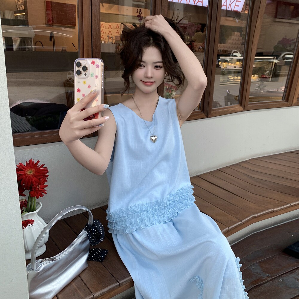 新品现货足！法式高级感木耳边设计半身裙两件套8029-P165控238，女装套装/套裙，依依服饰