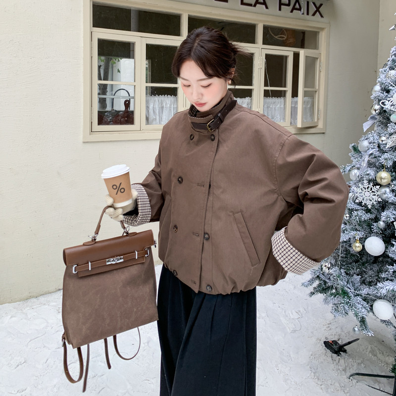 【现货】格子拼接工装派克90绒羽绒服B001-M201-P325控468,女装羽绒服,依依服饰