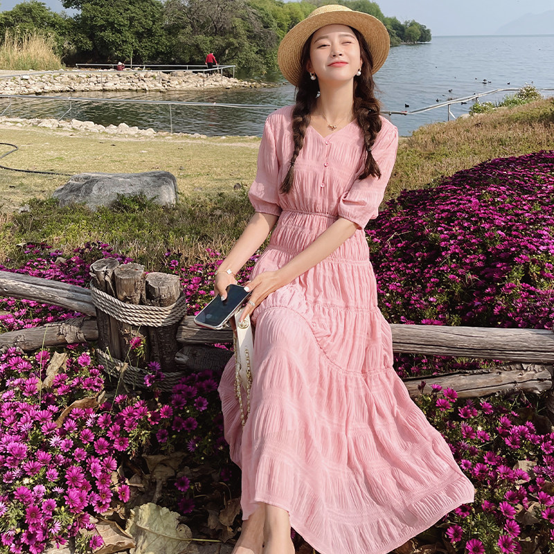 现货！法式温柔风减龄显白收腰褶皱连衣裙2326-P115控168，女装连衣裙，依依服饰