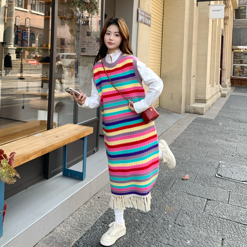【现货】多巴胺条纹流苏针织连衣裙8600-P120控198（单件）,女装连衣裙,依依服饰