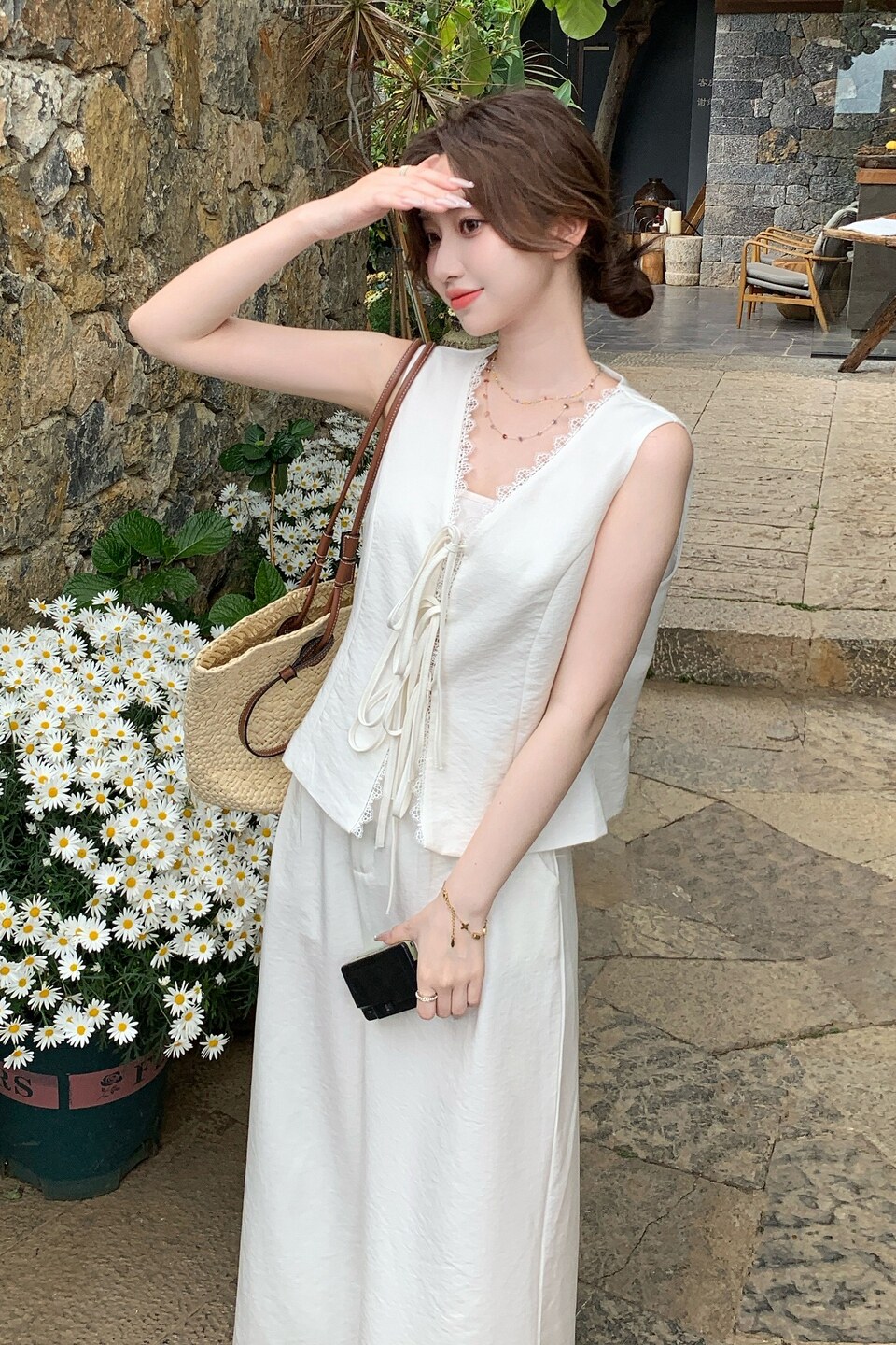 新品！白色V领蕾丝花边松弛感套装2C521-8718-P175控288,女装套装/套裙,依依服饰