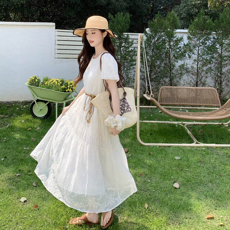 现货！蕾丝刺绣度假风连衣裙2C521-8707-P135控218（配腰带，女装连衣裙，依依服饰