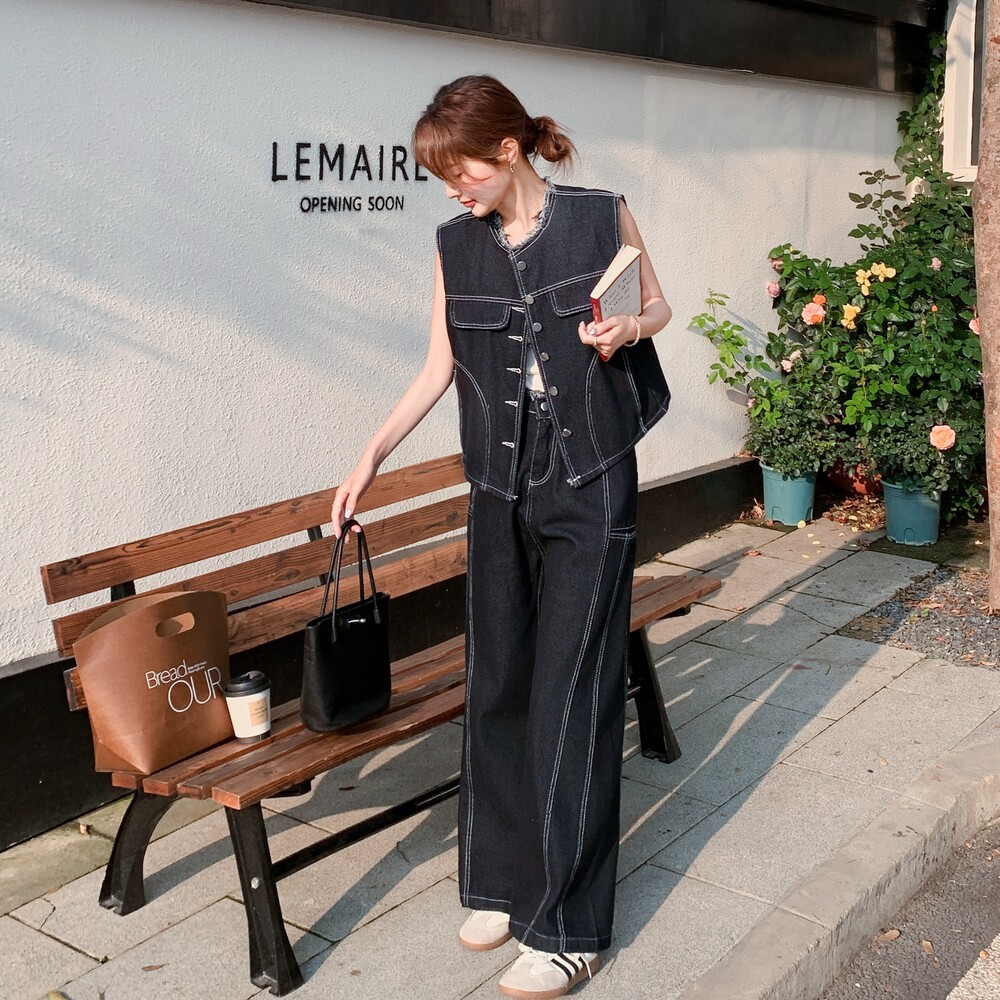 【新现货】港风牛仔马甲阔腿裤两件套8031-P165控238，女装套装/套裙，依依服饰