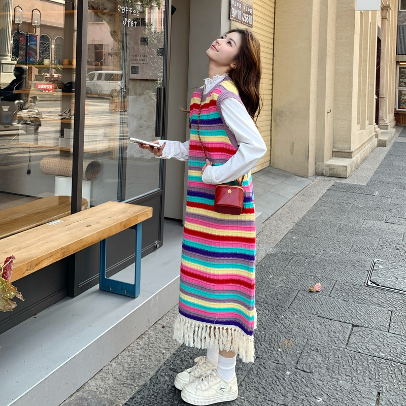 【现货】多巴胺条纹流苏针织连衣裙8600-P120控198（单件）,女装连衣裙,依依服饰