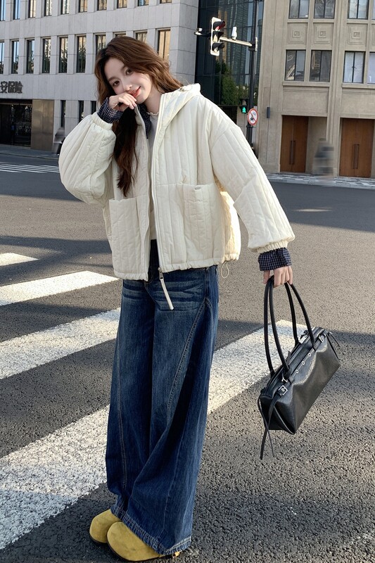 【现货】格子拼接连帽棉服B001-M185-P165控248,女装棉衣/棉服,依依服饰