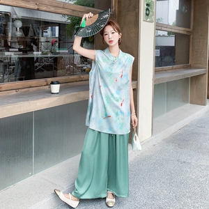 大货！新中式风彩色印花上衣+阔腿裤两件套8079P155控228图片
