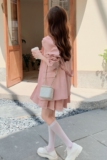 学院风粉色格纹西装百褶裙套装女春秋2025新款时尚减龄西服两件套，女装套装/套裙，依依服饰