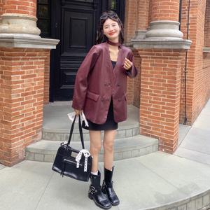 安可拉红高级感御姐风PU皮西装外套女2025秋新款盐系复古轻熟西服图片