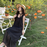 2025夏季时尚新款法式复古气质显瘦网纱拼接无袖波点方领连衣裙女，商品下架区，依依服饰