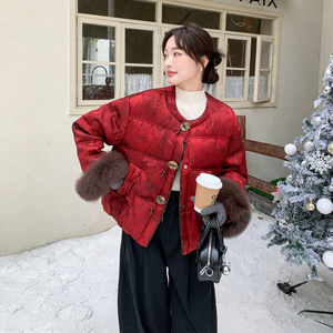 【现货】新中式暗纹提花狐狸真毛袖鹅绒服B001-M200P415控588图片