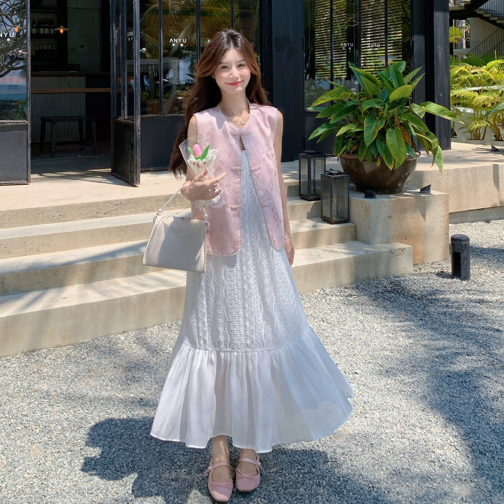【新品】轻风刺绣马甲背心蕾丝连衣裙俩件套8060-P195控278,女装套装/套裙,依依服饰