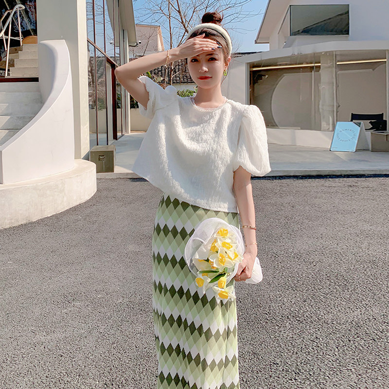 现货！泡泡袖温柔蕾丝上衣+百搭皱皱裙两件套2212P115控168，女装套装/套裙，依依服饰