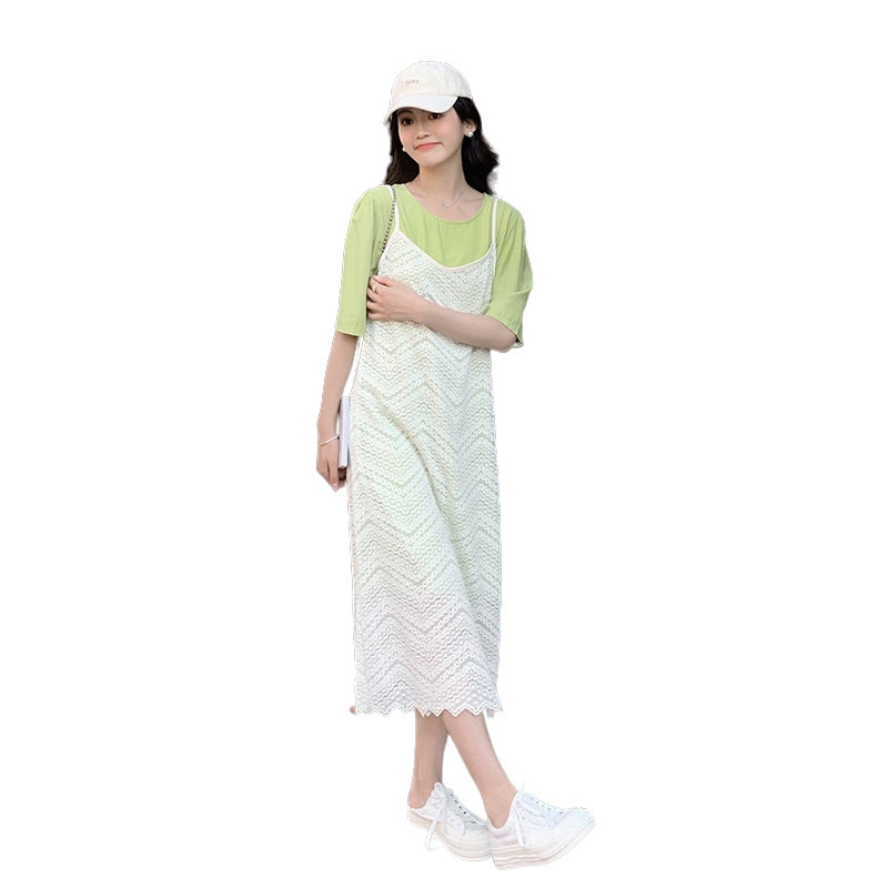 法式白色宽松蕾丝长裙女夏2025新款吊带连衣裙叠穿t恤裙两件套装,女装套装/套裙,依依服饰