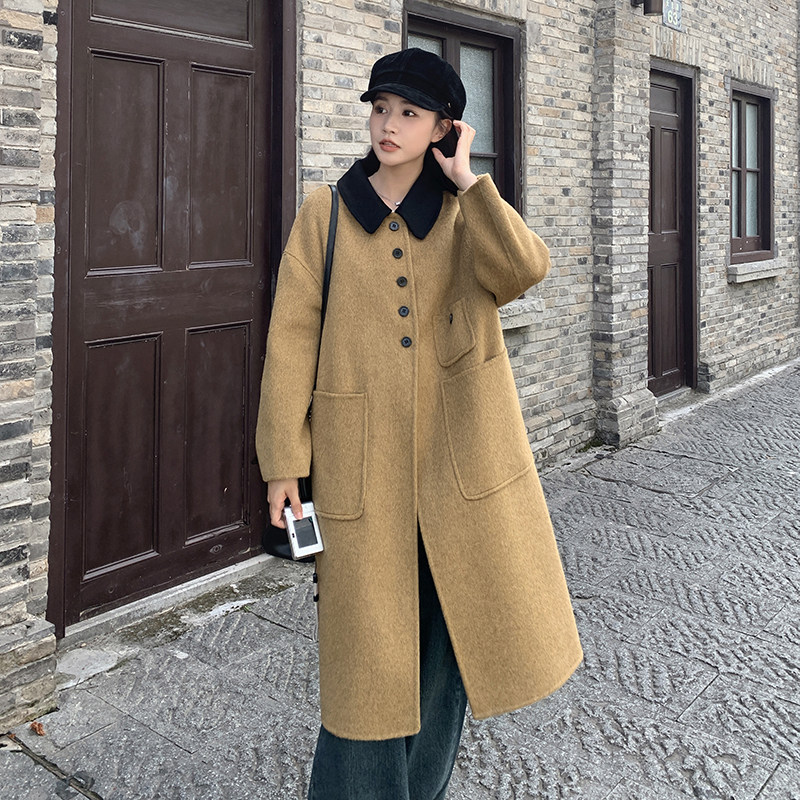 超好看羊毛大衣女中长款2024冬撞色气质韩系慵懒新款双面毛呢外套,女装羊绒大衣,依依服饰