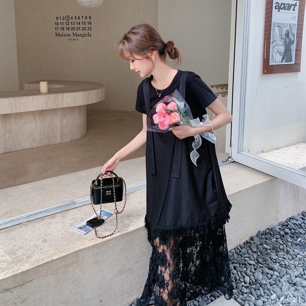 【现货】独特减龄T恤蕾丝拼接背带裙俩件套001-8037P145控208,女装连衣裙,依依服饰