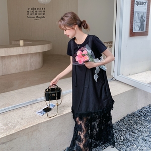 夏日绝美穿搭蕾丝拼接黑色吊带连衣裙女超火独特漂亮背带长裙套装图片