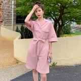 新品！短版粉色工装风简约连体裤2215-P95控148有，女装休闲裤，依依服饰