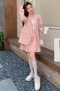 新款出货！学院风粉色格子西装+百褶裙两件套 2268P150控218图片