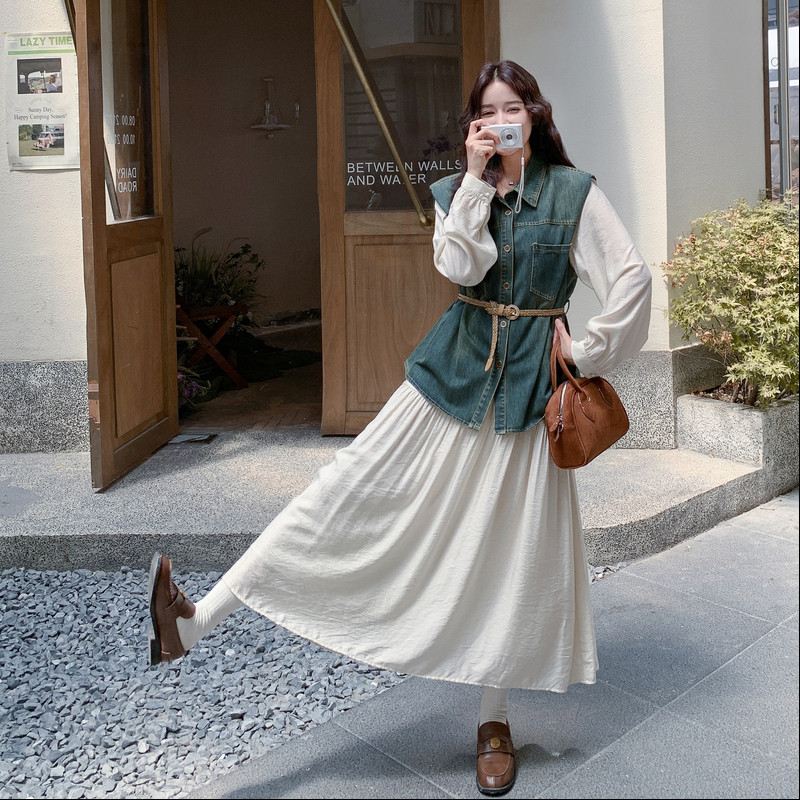 【现货】法式复古牛仔马甲连衣裙两件套B001-8301-P190控278,女装套装/套裙,依依服饰