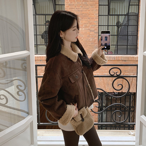 【新品出货】咖色韩系麂皮绒皮毛一体 6206P185控268配同款包包,女装皮草,依依服饰