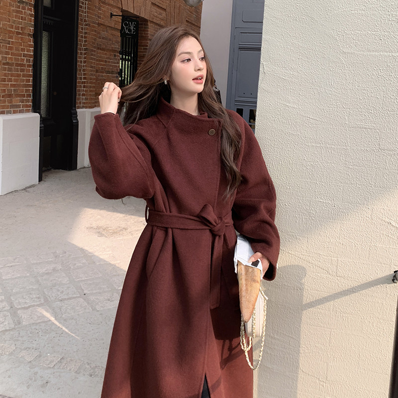 高级感超好看红色长款毛呢厚外套女秋冬韩系赫本风呢子大衣,女装毛呢外套,依依服饰