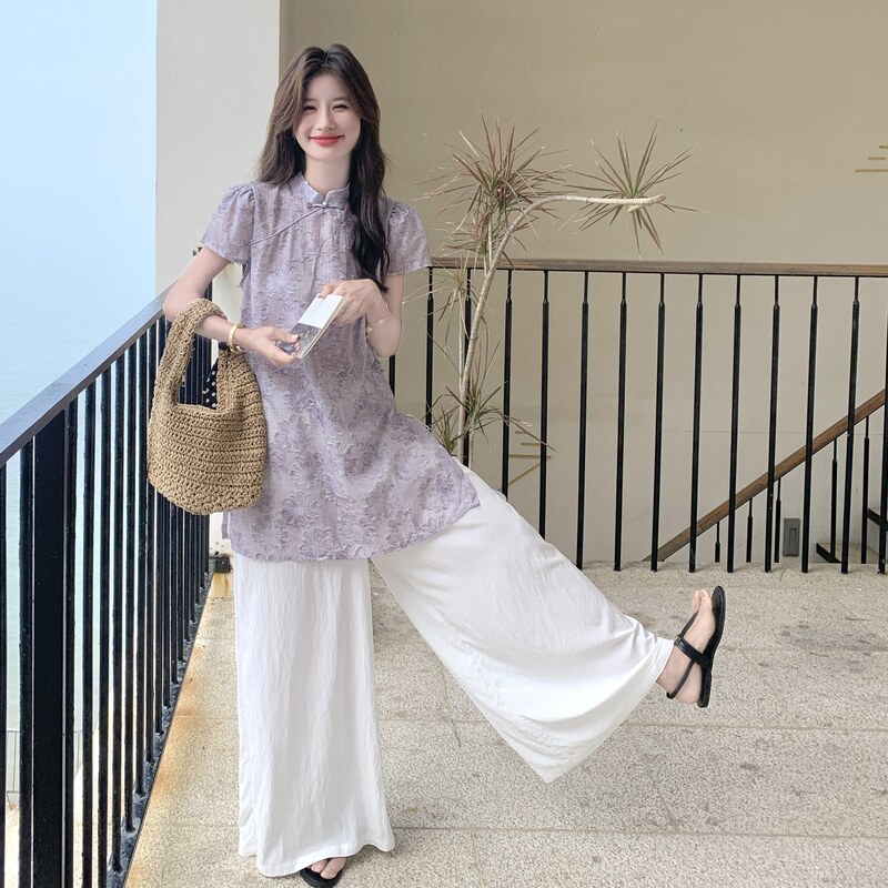 现货！新中式风禅意上衣+阔腿裤两件套8076-P145控208，女装套装/套裙，依依服饰