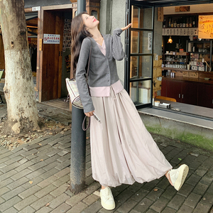 【大货】甜辣撞色针织衫上衣花苞裙俩件套6061-P130控188图片