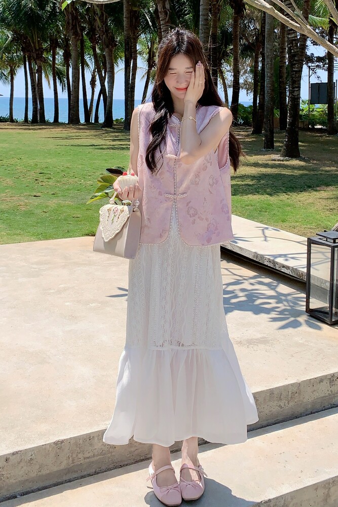 【新品】轻风刺绣马甲背心蕾丝连衣裙俩件套8060-P195控278,女装套装/套裙,依依服饰