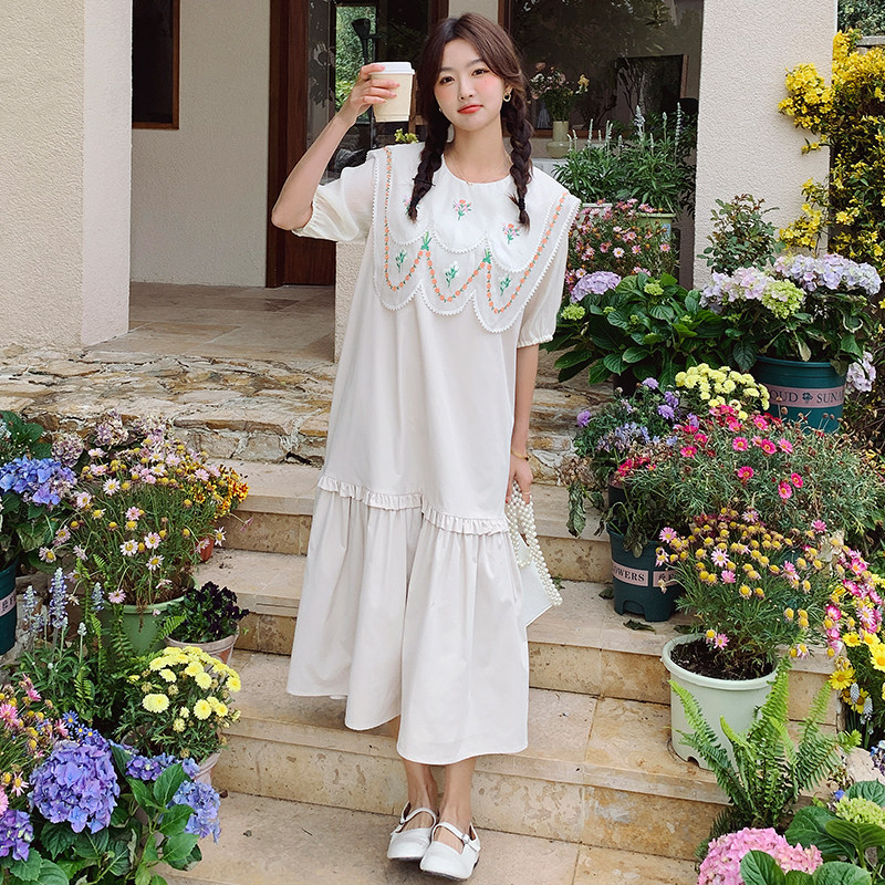 【图现货】甜妹休闲刺绣大花边翻领拼接连衣裙2325-P120控178,女装连衣裙,依依服饰