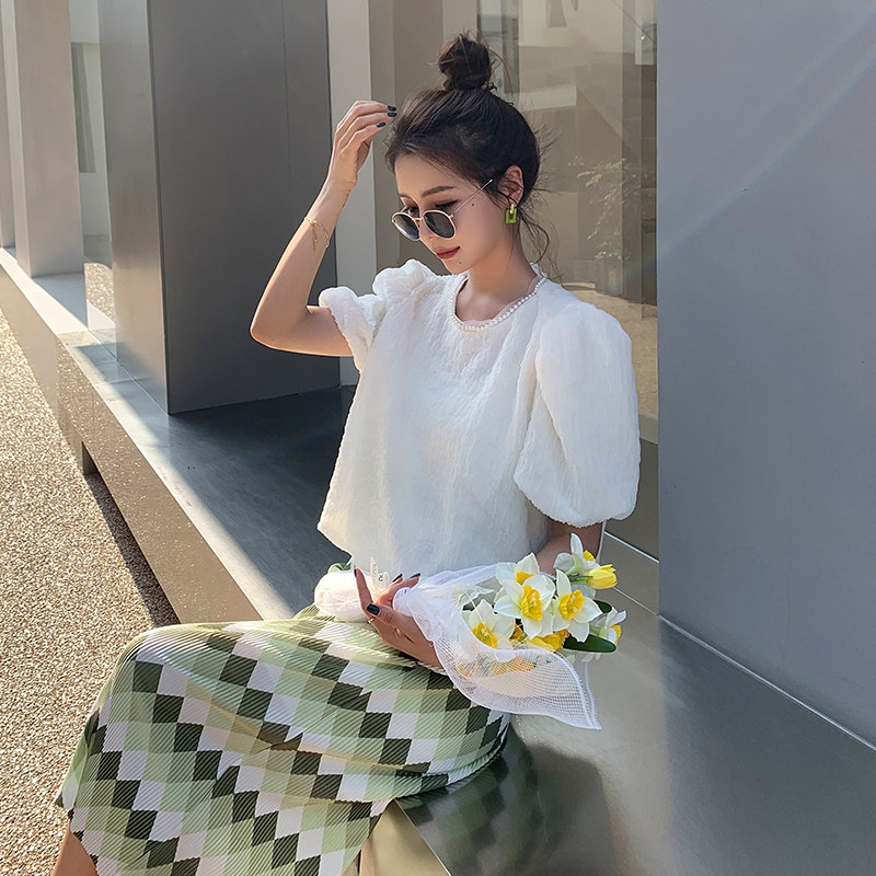 新品！泡泡袖温柔蕾丝上衣+百搭皱皱裙两件套2212-P125控178,女装套装/套裙,依依服饰